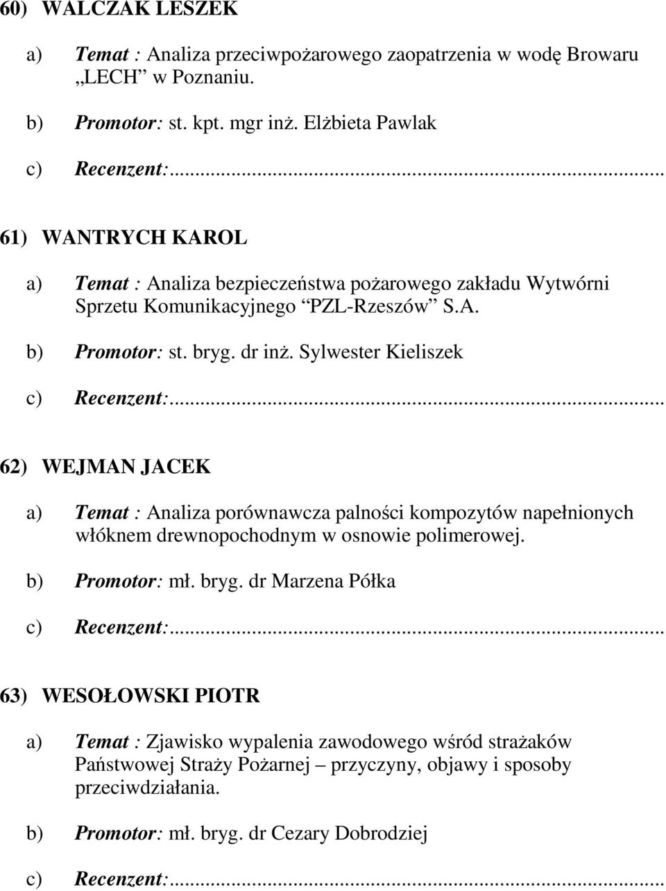 Sylwester Kieliszek 62) WEJMAN JACEK a) Temat : Analiza porównawcza palności kompozytów napełnionych włóknem drewnopochodnym w osnowie polimerowej. b) Promotor: mł. bryg.