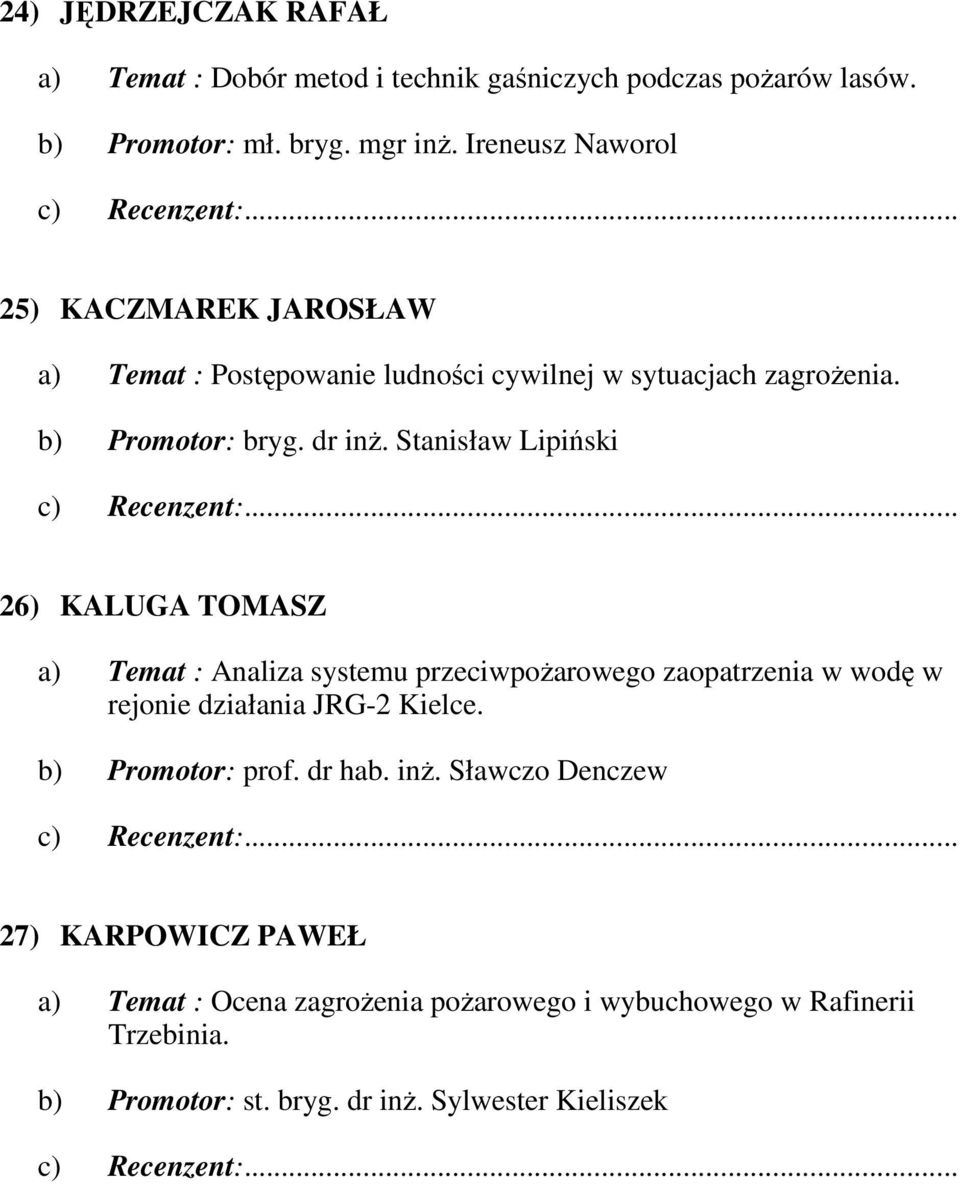 Stanisław Lipiński 26) KALUGA TOMASZ a) Temat : Analiza systemu przeciwpoŝarowego zaopatrzenia w wodę w rejonie działania JRG-2 Kielce.