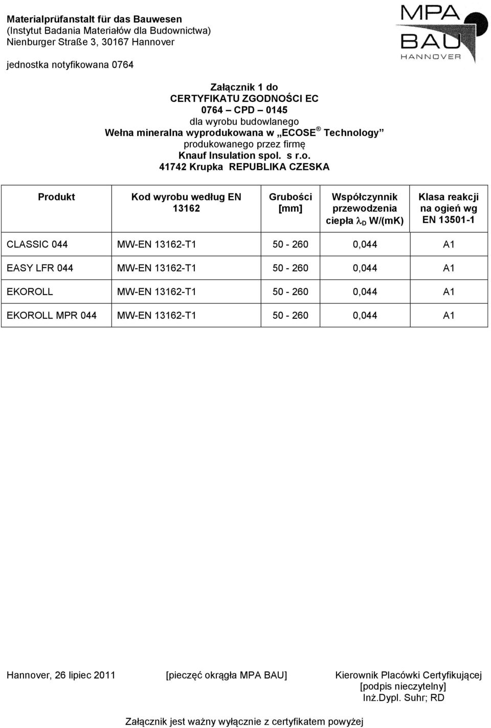 EKOROLL MW-EN 13162-T1 50-260 0,044 A1 EKOROLL MPR 044 MW-EN 13162-T1 50-260