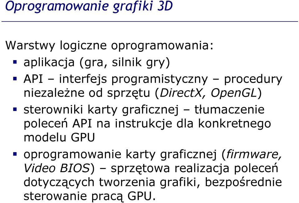 tłumaczenie poleceń API na instrukcje dla konkretnego modelu GPU oprogramowanie karty graficznej