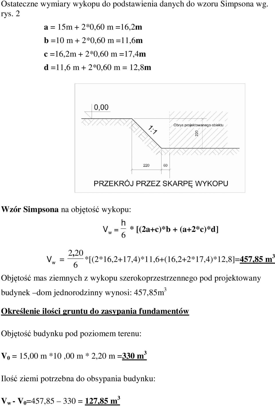 [(2a+c)*b + (a+2*c)*d] V w = 2,20 *[(2*16,2+17,4)*11,6+(16,2+2*17,4)*12,8]=457,85 m 3 6 Objętość mas ziemnych z wykopu szerokoprzestrzennego pod projektowany