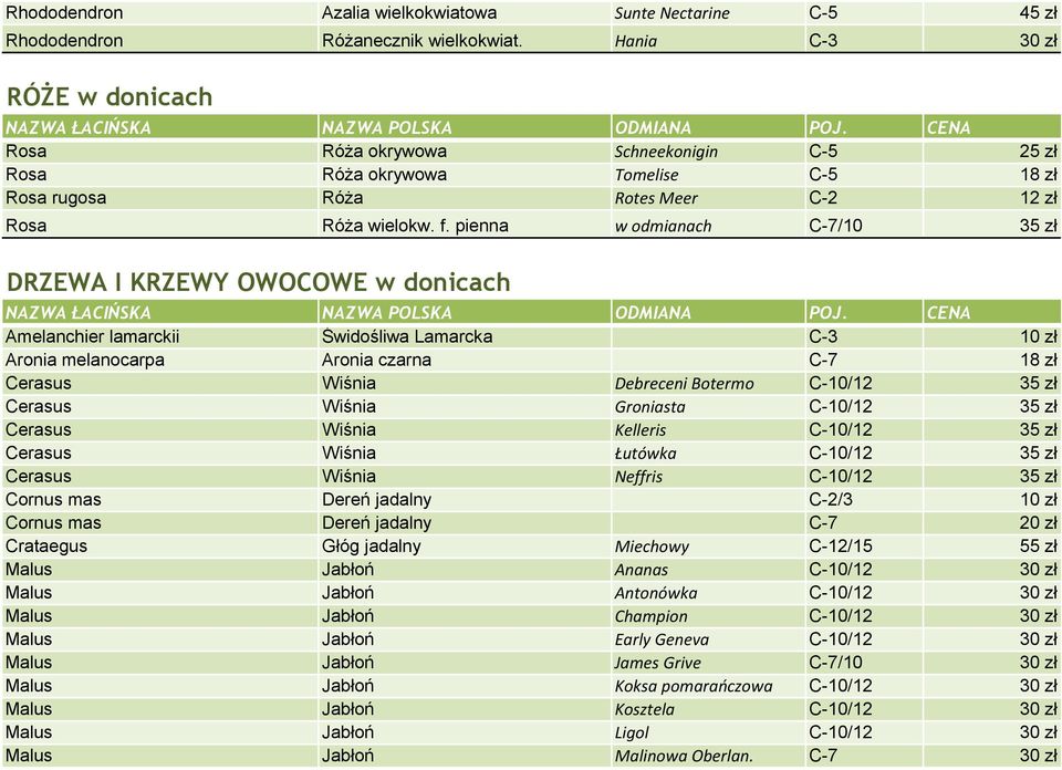 pienna w odmianach C-7/10 35 z 0 0 DRZEWA I KRZEWY OWOCOWE w donicach Amelanchier lamarckii 0 1wido 0 2liwa Lamarcka C-3 10 z 0 0 Aronia melanocarpa Aronia czarna C-7 18 z 0 0 Cerasus Wi 0 2nia