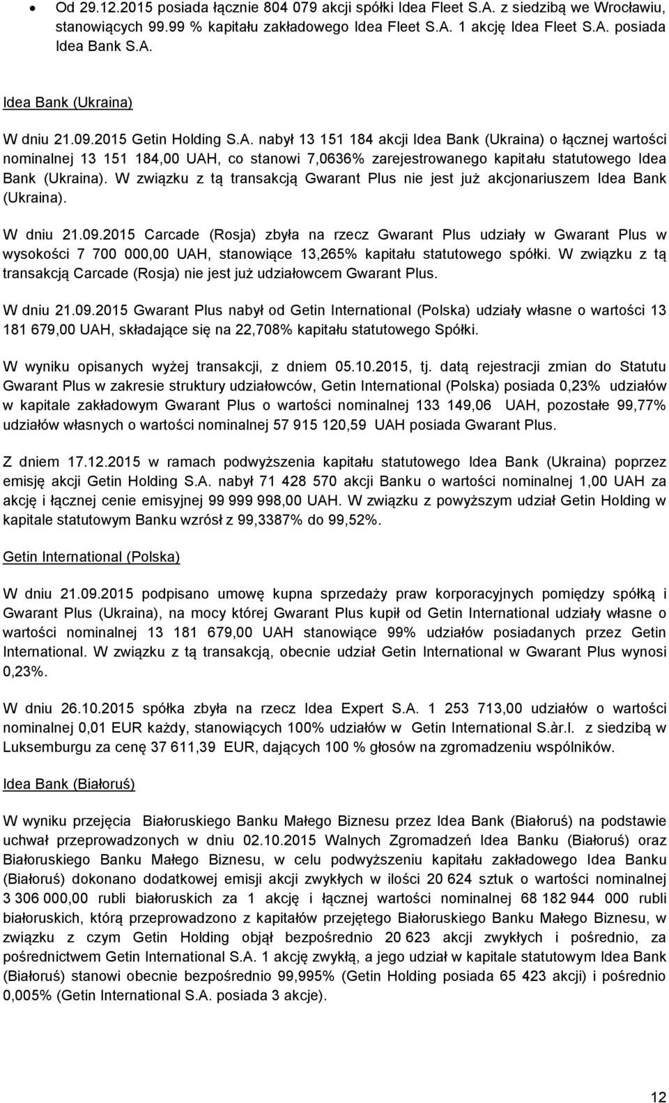 W związku z tą transakcją Gwarant Plus nie jest już akcjonariuszem Idea Bank (Ukraina). W dniu 21.09.
