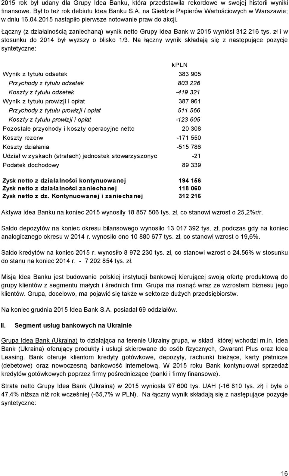 Łączny (z działalnością zaniechaną) wynik netto Grupy Idea Bank w 2015 wyniósł 312 216 tys. zł i w stosunku do 2014 był wyższy o blisko 1/3.