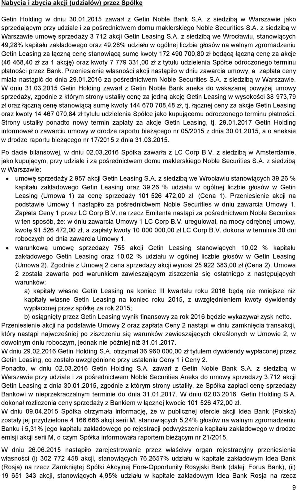 z siedzibą w Warszawie umowę sprzedaży 3 712 akcji Getin Leasing S.A.