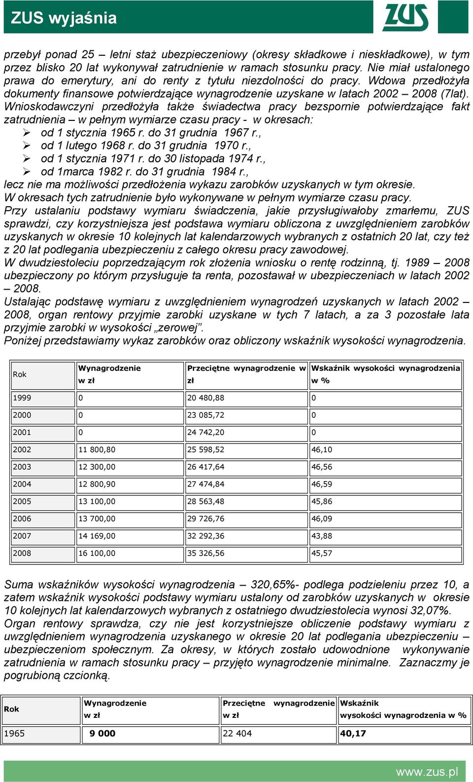 Wnioskodawczyni przedłożyła także świadectwa pracy bezspornie potwierdzające fakt zatrudnienia w pełnym wymiarze czasu pracy - w okresach: od 1 stycznia 1965 r. do 31 grudnia 1967 r.