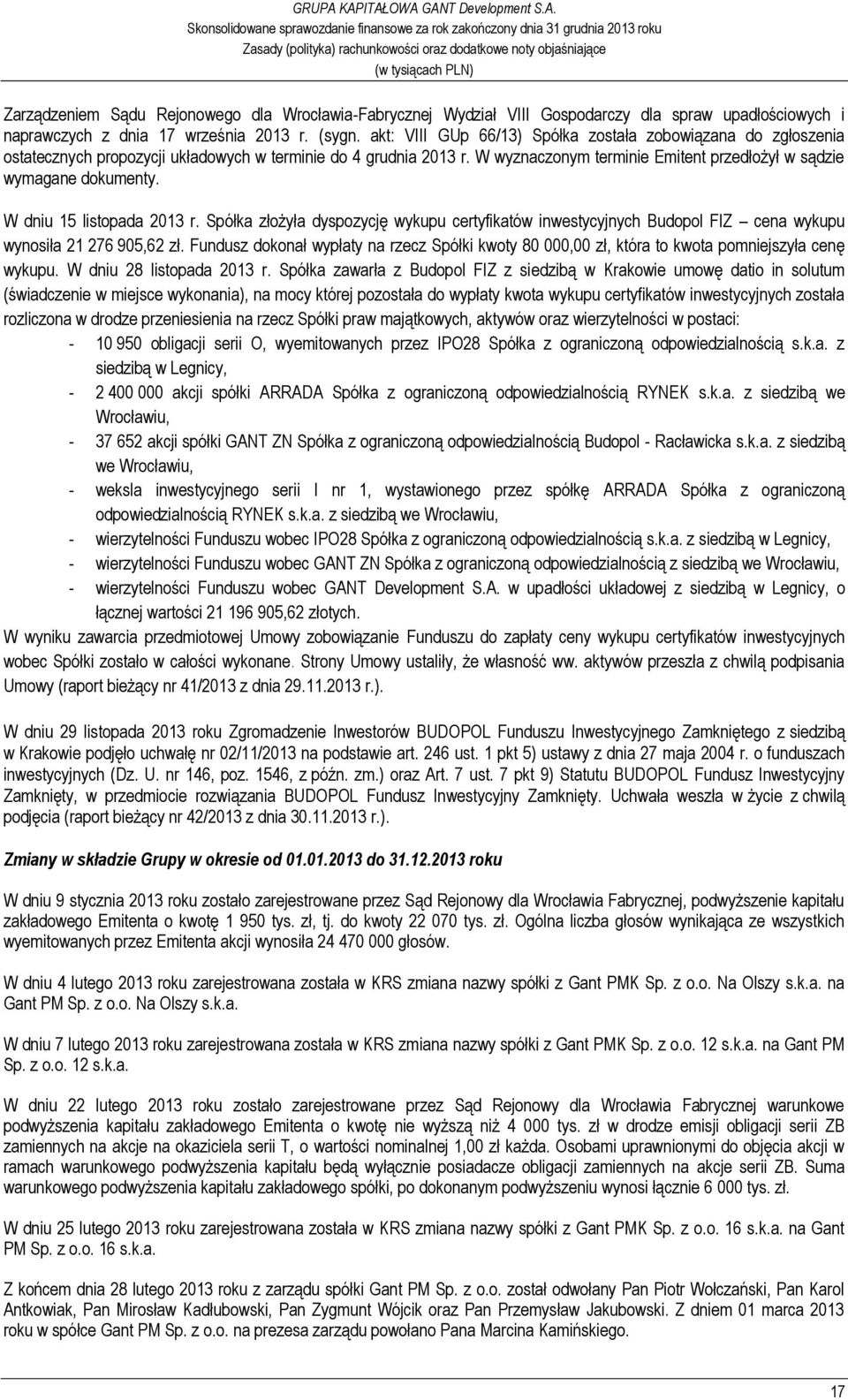 W dniu 15 listopada 2013 r. Spółka złożyła dyspozycję wykupu certyfikatów inwestycyjnych Budopol FIZ cena wykupu wynosiła 21 276 905,62 zł.