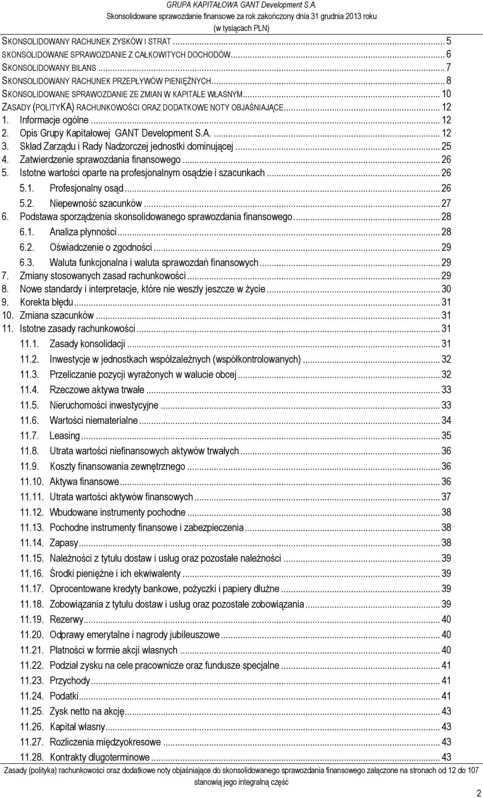 Opis Grupy Kapitałowej GANT Development S.A.... 12 3. Skład Zarządu i Rady Nadzorczej jednostki dominującej... 25 4. Zatwierdzenie sprawozdania finansowego... 26 5.