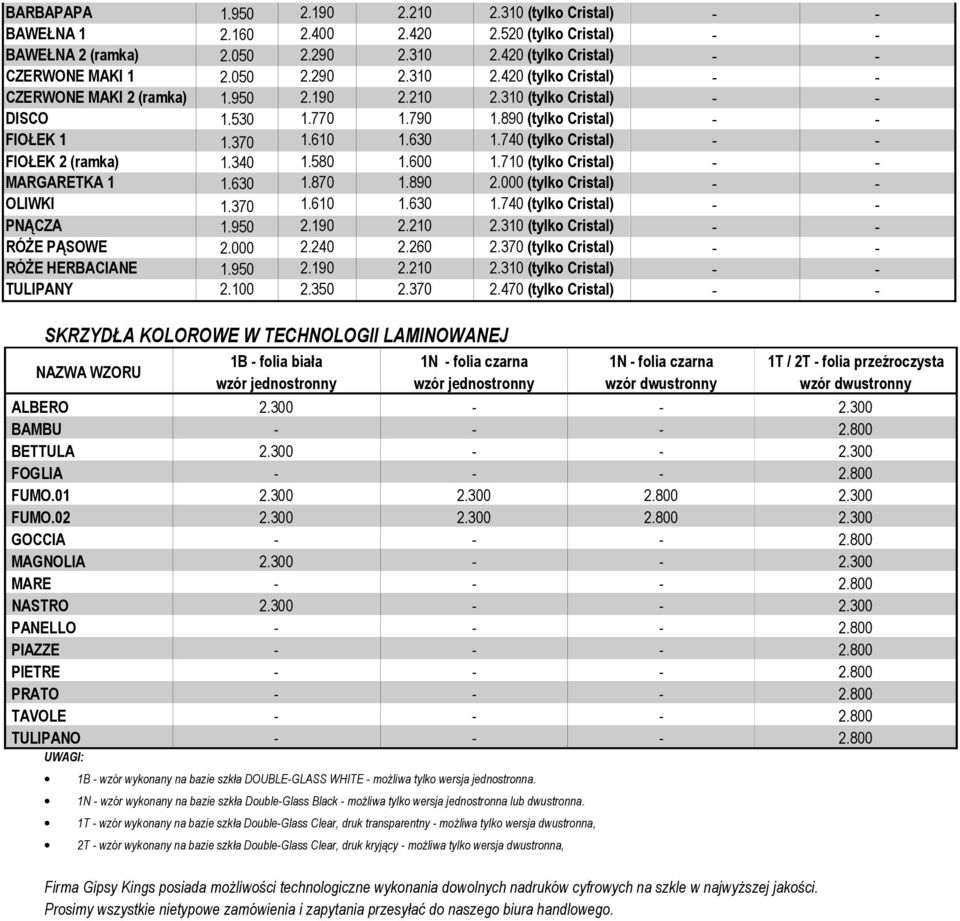 710 (tylko Cristal) - - MARGARETKA 1 1.630 1.870 1.890 2.000 (tylko Cristal) - - OLIWKI 1.370 1.610 1.630 1.740 (tylko Cristal) - - PNĄCZA 1.950 2.190 2.210 2.310 (tylko Cristal) - - RÓŻE PĄSOWE 2.