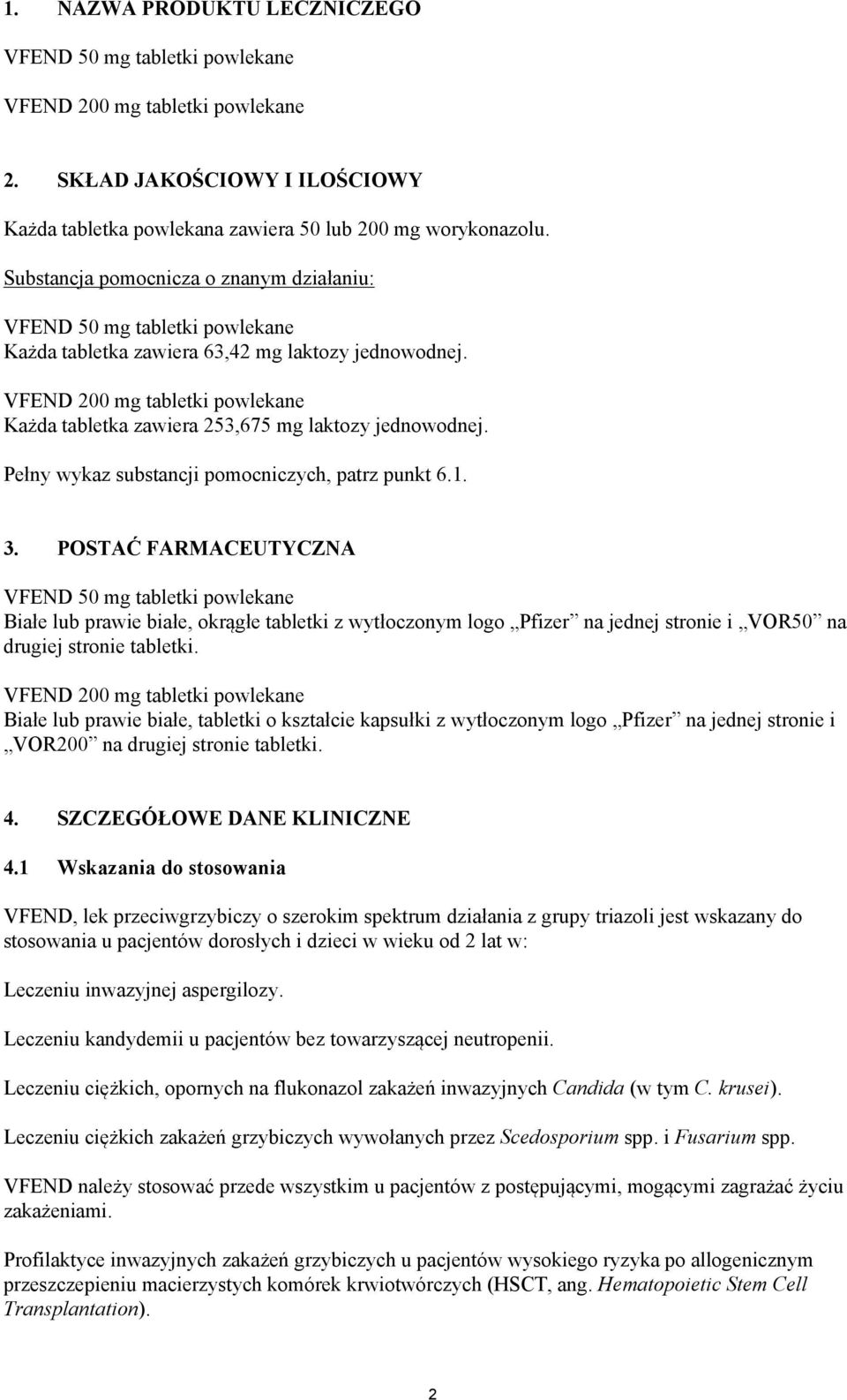 VFEND 200 mg tabletki powlekane Każda tabletka zawiera 253,675 mg laktozy jednowodnej. Pełny wykaz substancji pomocniczych, patrz punkt 6.1. 3.