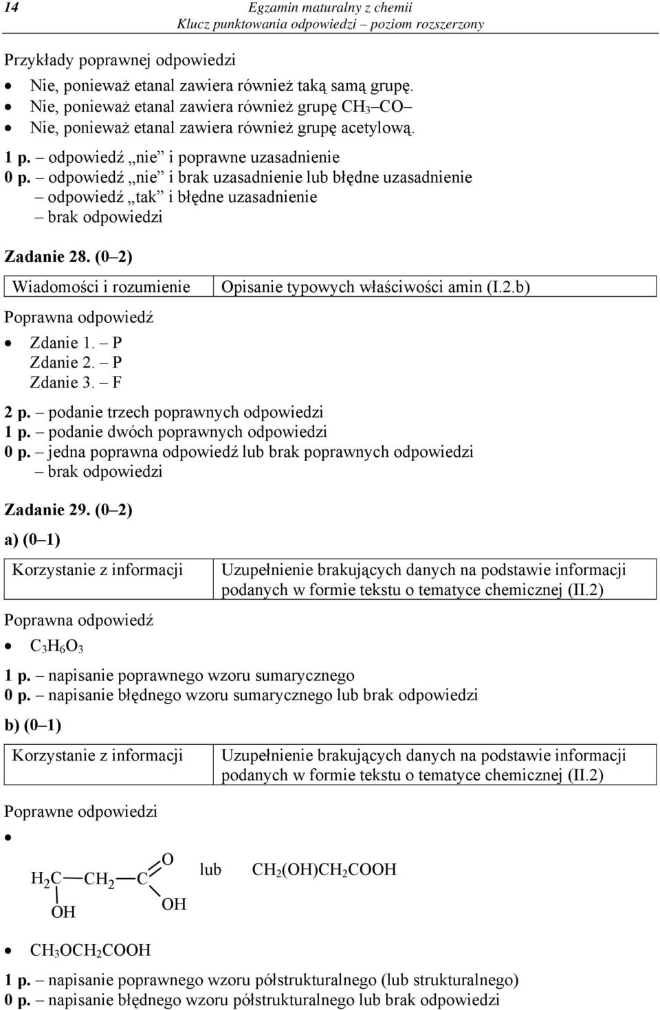 odpowiedź nie i brak uzasadnienie lub błędne uzasadnienie odpowiedź tak i błędne uzasadnienie Zadanie 28. (0 2) Zdanie 1. P Zdanie 2. P Zdanie 3. F Opisanie typowych właściwości amin (I.2.b) 2 p.