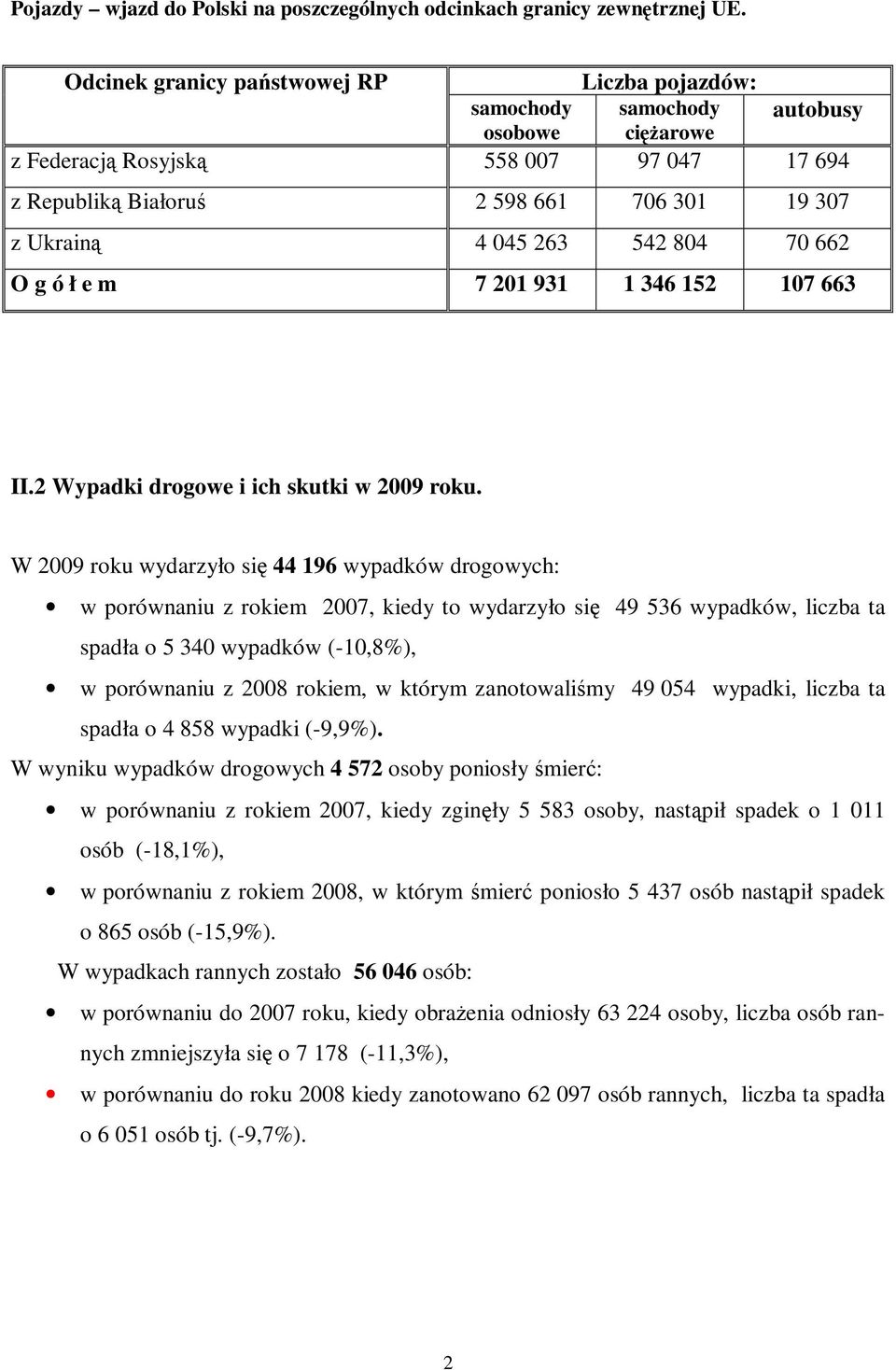 263 542 804 70 662 O g ó ł e m 7 201 931 1 346 152 107 663 II.2 Wypadki drogowe i ich skutki w 2009 roku.