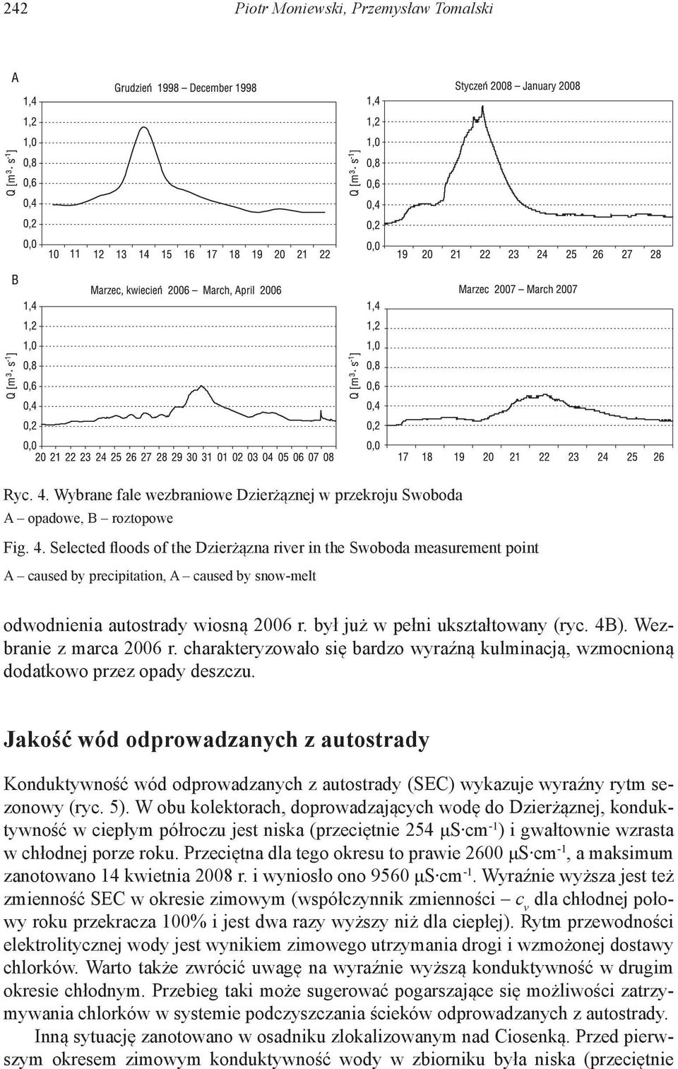 Selected floods of the Dzierżązna river in the Swoboda measurement point A caused by precipitation, A caused by snow-melt odwodnienia autostrady wiosną 2006 r. był już w pełni ukształtowany (ryc. 4B).