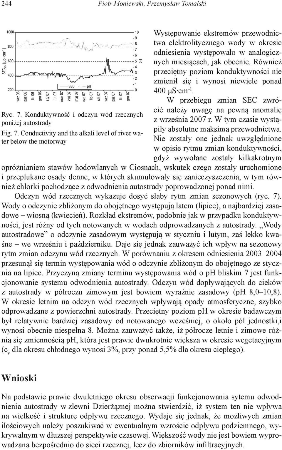 Conductivity and the alkali level of river water below the motorway Występowanie ekstremów przewodnictwa elektrolitycznego wody w okresie odniesienia występowało w analogicznych miesiącach, jak