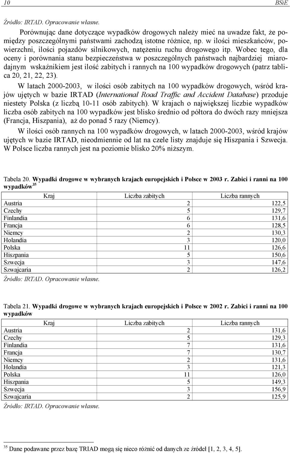 Wobec tego, dla oceny i porównania stanu bezpieczeństwa w poszczególnych państwach najbardziej miarodajnym wskaźnikiem jest ilość zabitych i rannych na 100 wypadków drogowych (patrz tablica 20, 21,