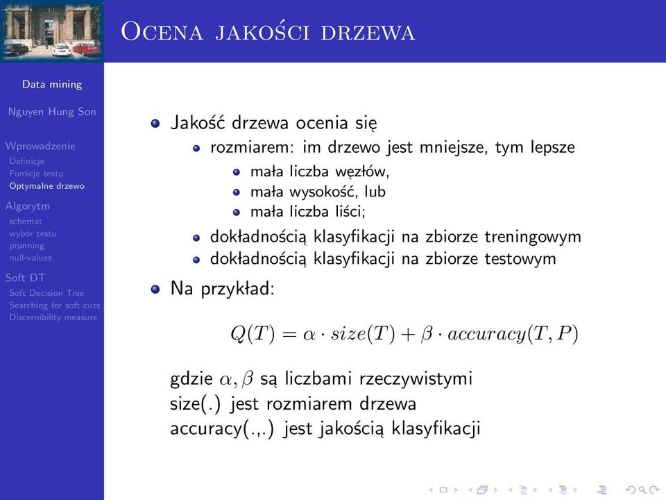 treningowym dok ladnościa klasyfikacji na zbiorze testowym Na przyk lad: Q(T ) = α size(t ) + β