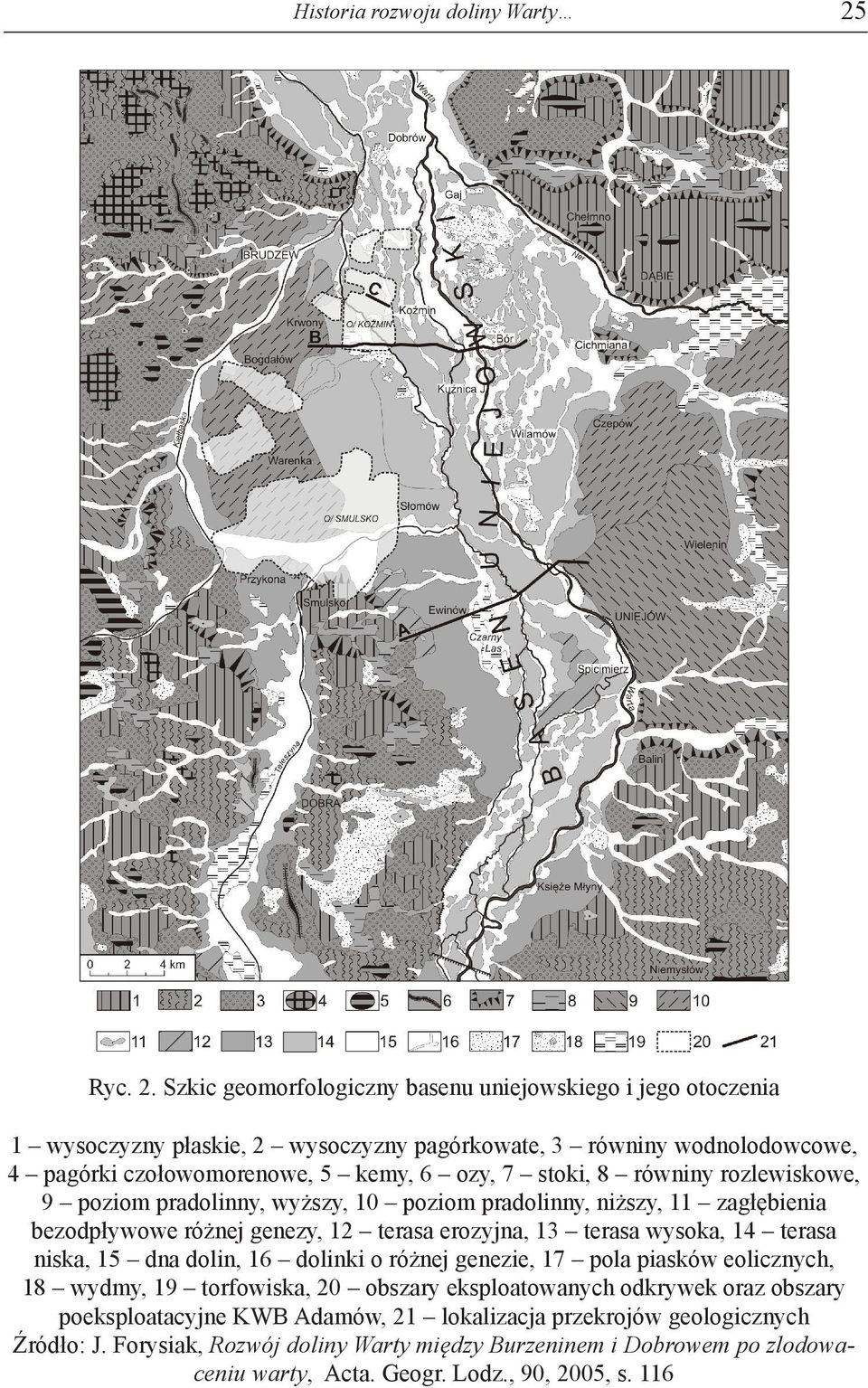 Szkic geomorfologiczny basenu uniejowskiego i jego otoczenia 1 wysoczyzny płaskie, 2 wysoczyzny pagórkowate, 3 równiny wodnolodowcowe, 4 pagórki czołowomorenowe, 5 kemy, 6 ozy, 7 stoki, 8