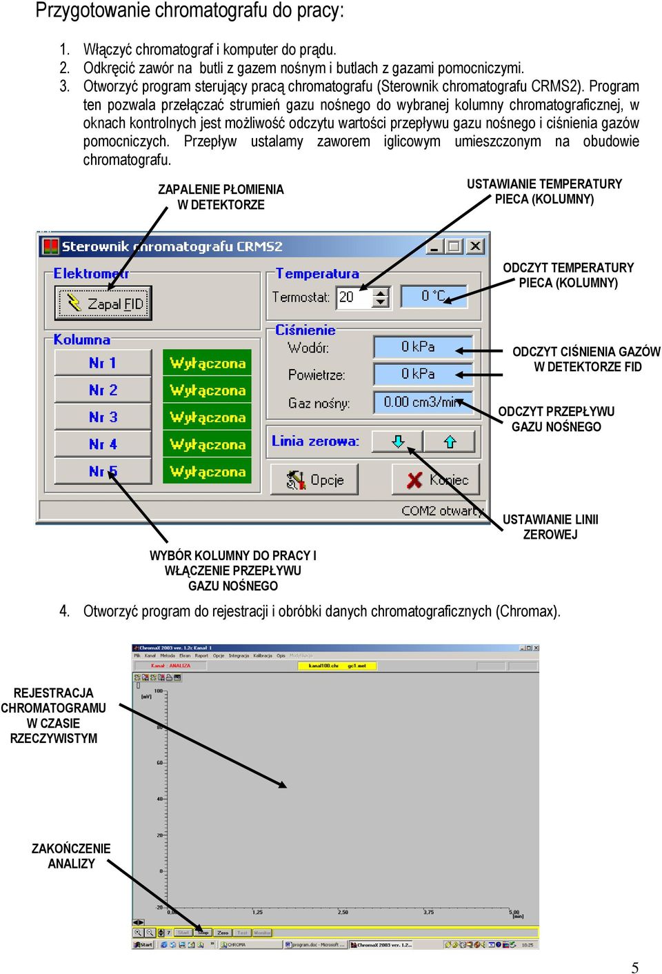 Program ten pozwala przełączać strumień gazu nośnego do wybranej kolumny chromatograficznej, w oknach kontrolnych jest możliwość odczytu wartości przepływu gazu nośnego i ciśnienia gazów pomocniczych.