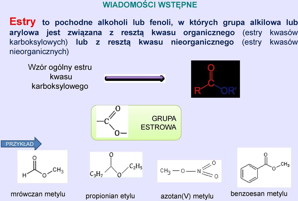 nieorganicznego (estry kwasów nieorganicznych) Wzór ogólny estru kwasu karboksylowego