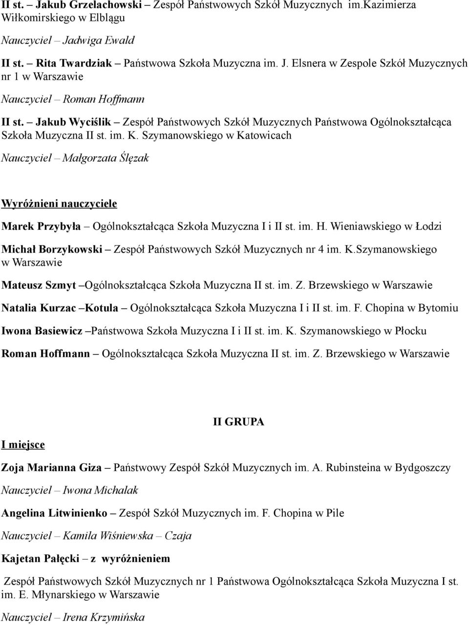 Szymanowskiego w Katowicach Nauczyciel Małgorzata Ślęzak Wyróżnieni nauczyciele Marek Przybyła Ogólnokształcąca Szkoła Muzyczna I i II st. im. H.