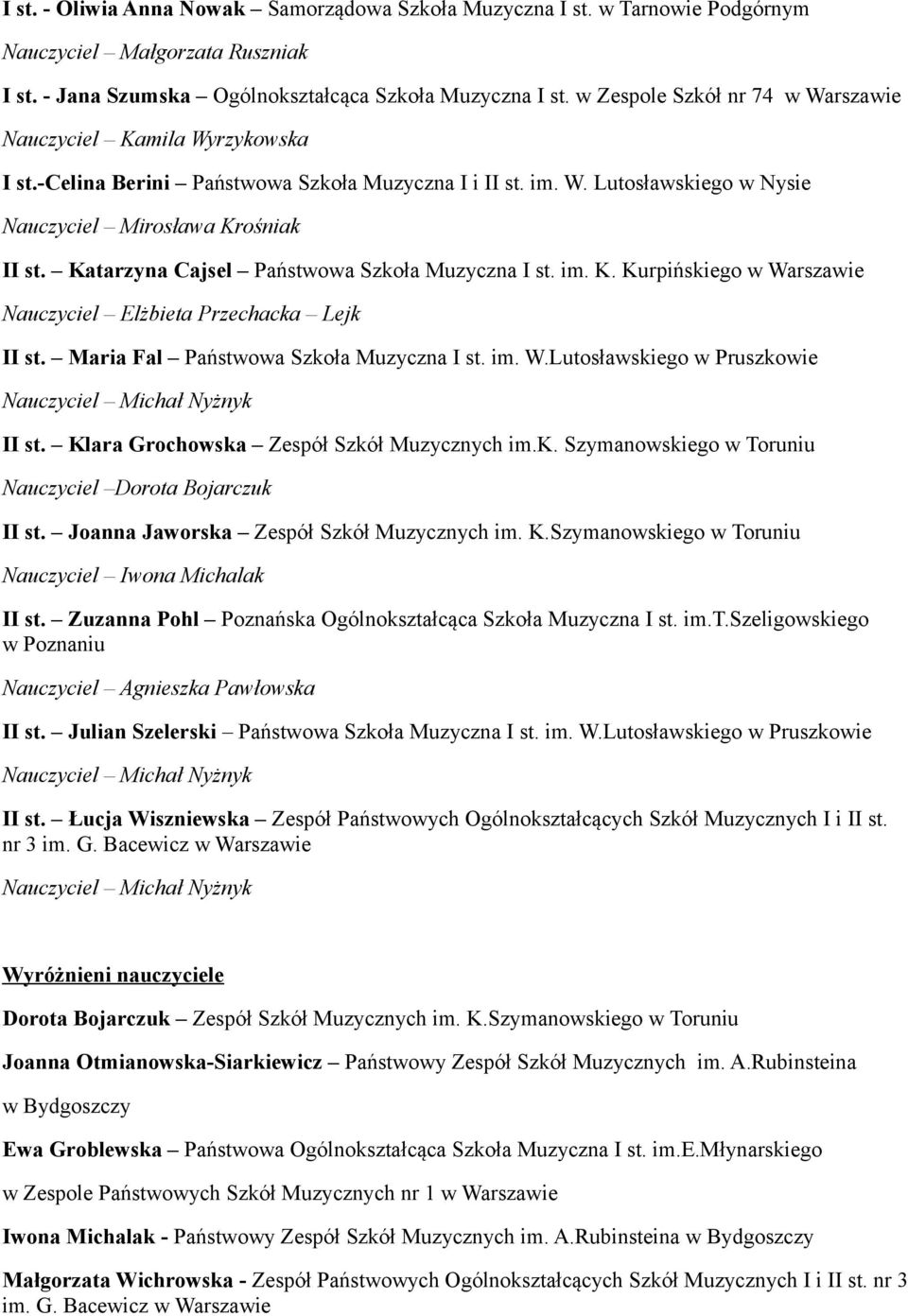 Katarzyna Cajsel Państwowa Szkoła Muzyczna I st. im. K. Kurpińskiego Nauczyciel Elżbieta Przechacka Lejk II st. Maria Fal Państwowa Szkoła Muzyczna I st. im. W.