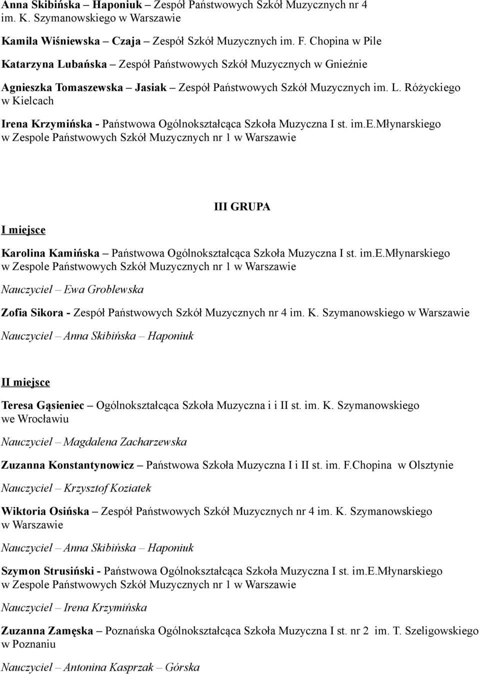 im.e.młynarskiego w Zespole Państwowych Szkół Muzycznych nr 1 I miejsce III GRUPA Karolina Kamińska Państwowa Ogólnokształcąca Szkoła Muzyczna I st. im.e.młynarskiego w Zespole Państwowych Szkół Muzycznych nr 1 Zofia Sikora - Zespół Państwowych Szkół Muzycznych nr 4 im.