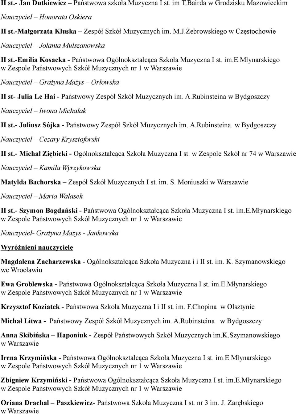A.Rubinsteina w Bydgoszczy II st.- Juliusz Sójka - Państwowy Zespół Szkół Muzycznych im. A.Rubinsteina w Bydgoszczy Nauczyciel Cezary Krysztoforski II st.