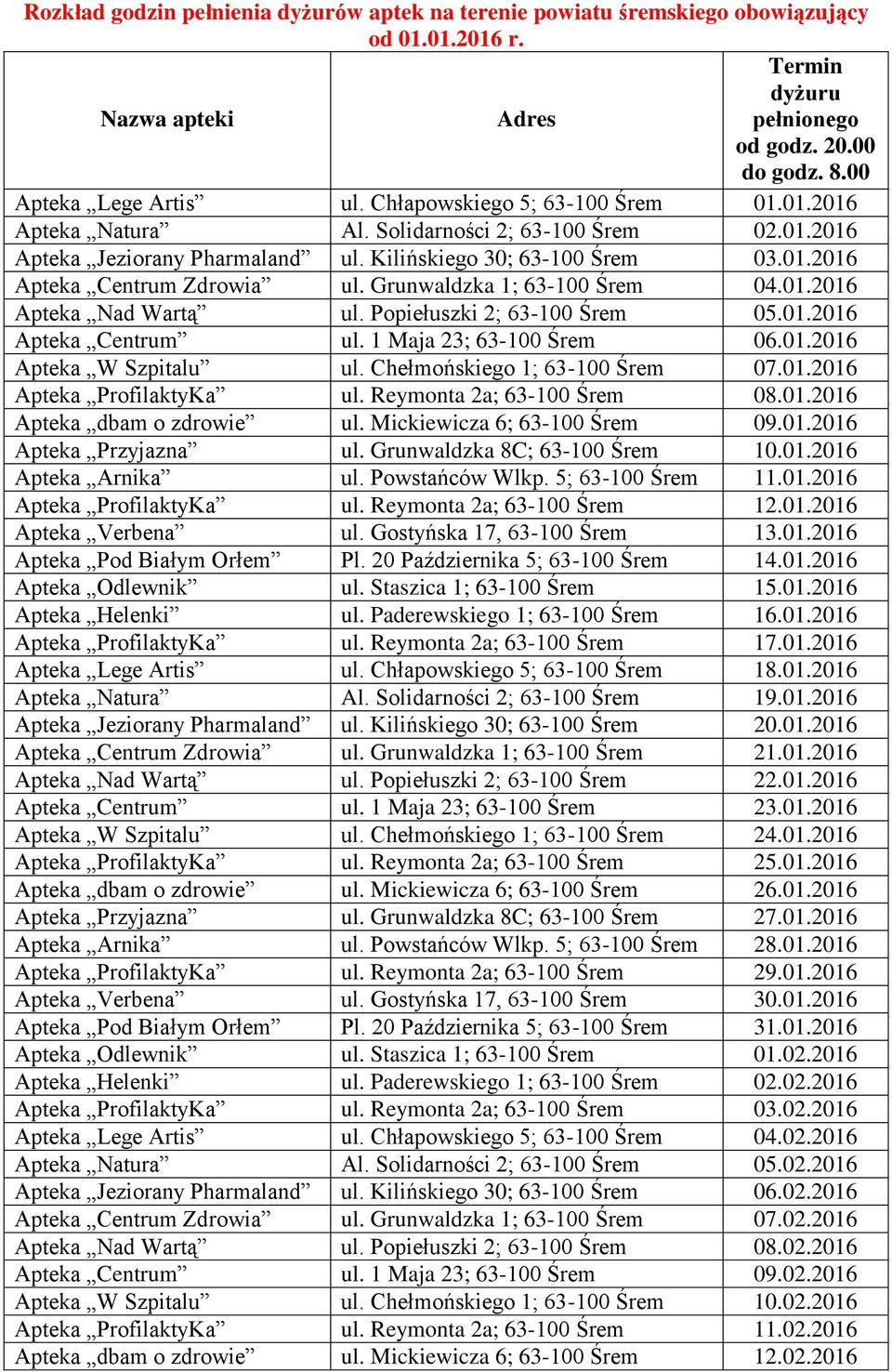 Grunwaldzka 1; 63-100 Śrem 04.01.2016 Apteka Nad Wartą ul. Popiełuszki 2; 63-100 Śrem 05.01.2016 Apteka Centrum ul. 1 Maja 23; 63-100 Śrem 06.01.2016 Apteka W Szpitalu ul.