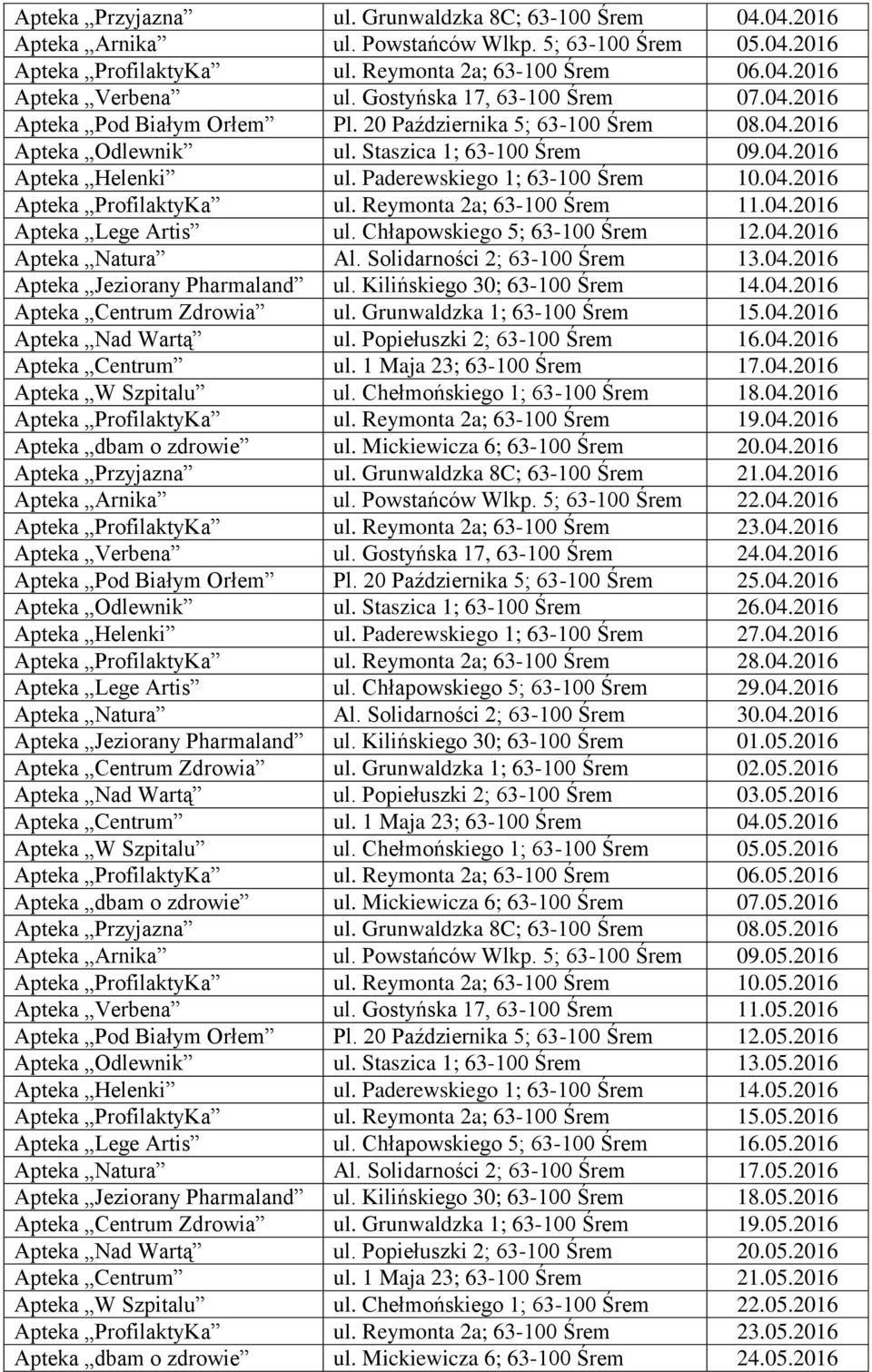 Paderewskiego 1; 63-100 Śrem 10.04.2016 Apteka ProfilaktyKa ul. Reymonta 2a; 63-100 Śrem 11.04.2016 Apteka Lege Artis ul. Chłapowskiego 5; 63-100 Śrem 12.04.2016 Apteka Natura Al.