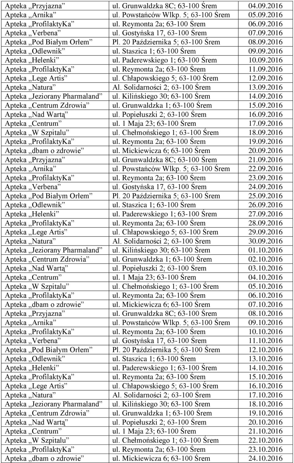Paderewskiego 1; 63-100 Śrem 10.09.2016 Apteka ProfilaktyKa ul. Reymonta 2a; 63-100 Śrem 11.09.2016 Apteka Lege Artis ul. Chłapowskiego 5; 63-100 Śrem 12.09.2016 Apteka Natura Al.