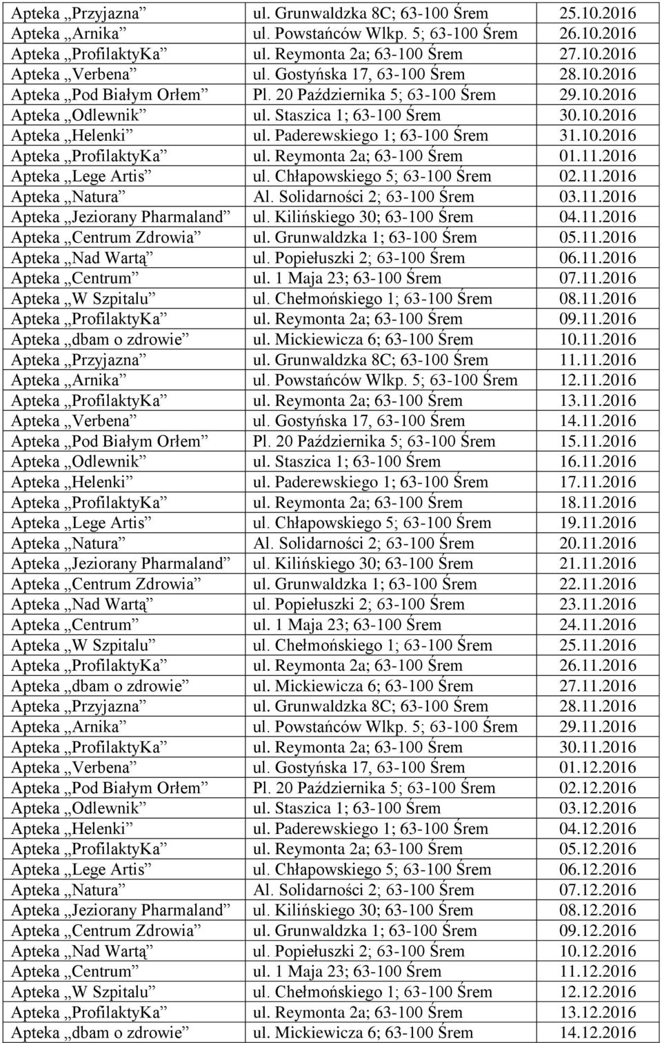 Paderewskiego 1; 63-100 Śrem 31.10.2016 Apteka ProfilaktyKa ul. Reymonta 2a; 63-100 Śrem 01.11.2016 Apteka Lege Artis ul. Chłapowskiego 5; 63-100 Śrem 02.11.2016 Apteka Natura Al.
