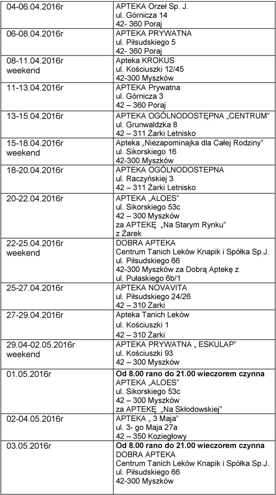 2016r 01.05.2016r 02-04.05.2016r 03.05.2016r Apteka KROKUS 2/45 Prywatna OGÓLNODOSTĘPNA CENTRUM Apteka Niezapominajka dla Całej Rodziny ul.