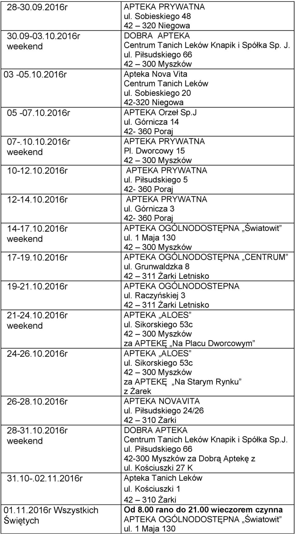 10-.02.11.2016r 01.11.2016r Wszystkich Świętych Pl. Dworcowy 15 OGÓLNODOSTĘPNA Światowit ul.