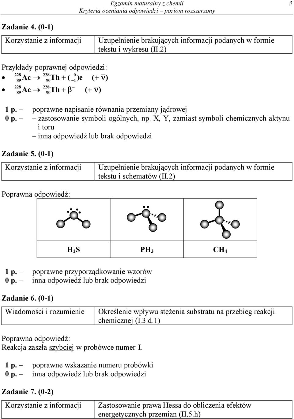 X, Y, zamiast symboli chemicznych aktynu i toru inna odpowiedź lub brak odpowiedzi Zadanie 5. (0-1) Uzupełnienie brakujących informacji podanych w formie tekstu i schematów (II.2) H 2 S PH CH 4 1 p.
