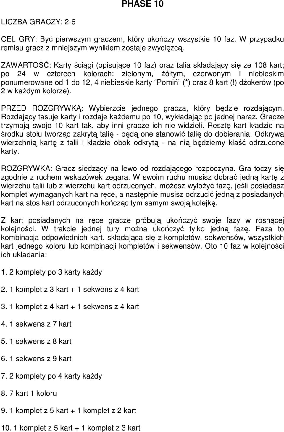 PHASE 10 LICZBA GRACZY: PDF Darmowe pobieranie