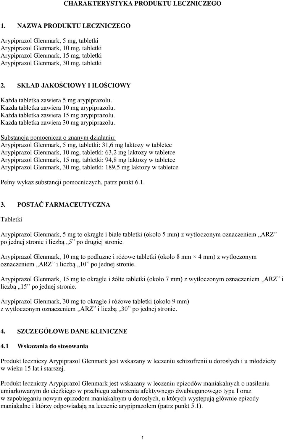 SKŁAD JAKOŚCIOWY I ILOŚCIOWY Każda tabletka zawiera 5 mg arypiprazolu. Każda tabletka zawiera 10 mg arypiprazolu. Każda tabletka zawiera 15 mg arypiprazolu. Każda tabletka zawiera 30 mg arypiprazolu.