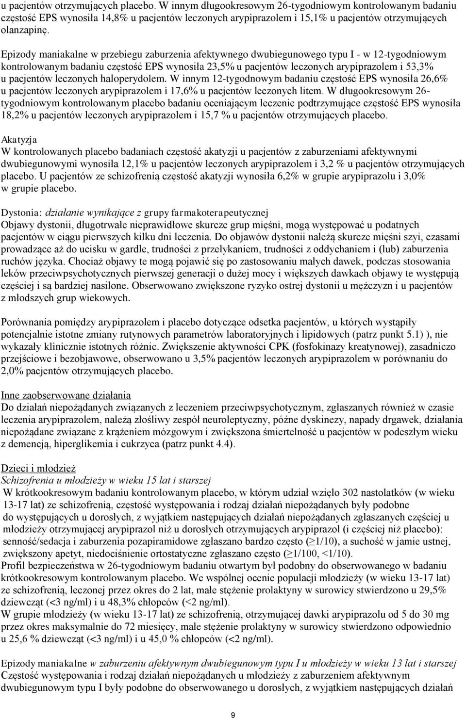 Epizody maniakalne w przebiegu zaburzenia afektywnego dwubiegunowego typu I - w 12-tygodniowym kontrolowanym badaniu częstość EPS wynosiła 23,5% u pacjentów leczonych arypiprazolem i 53,3% u