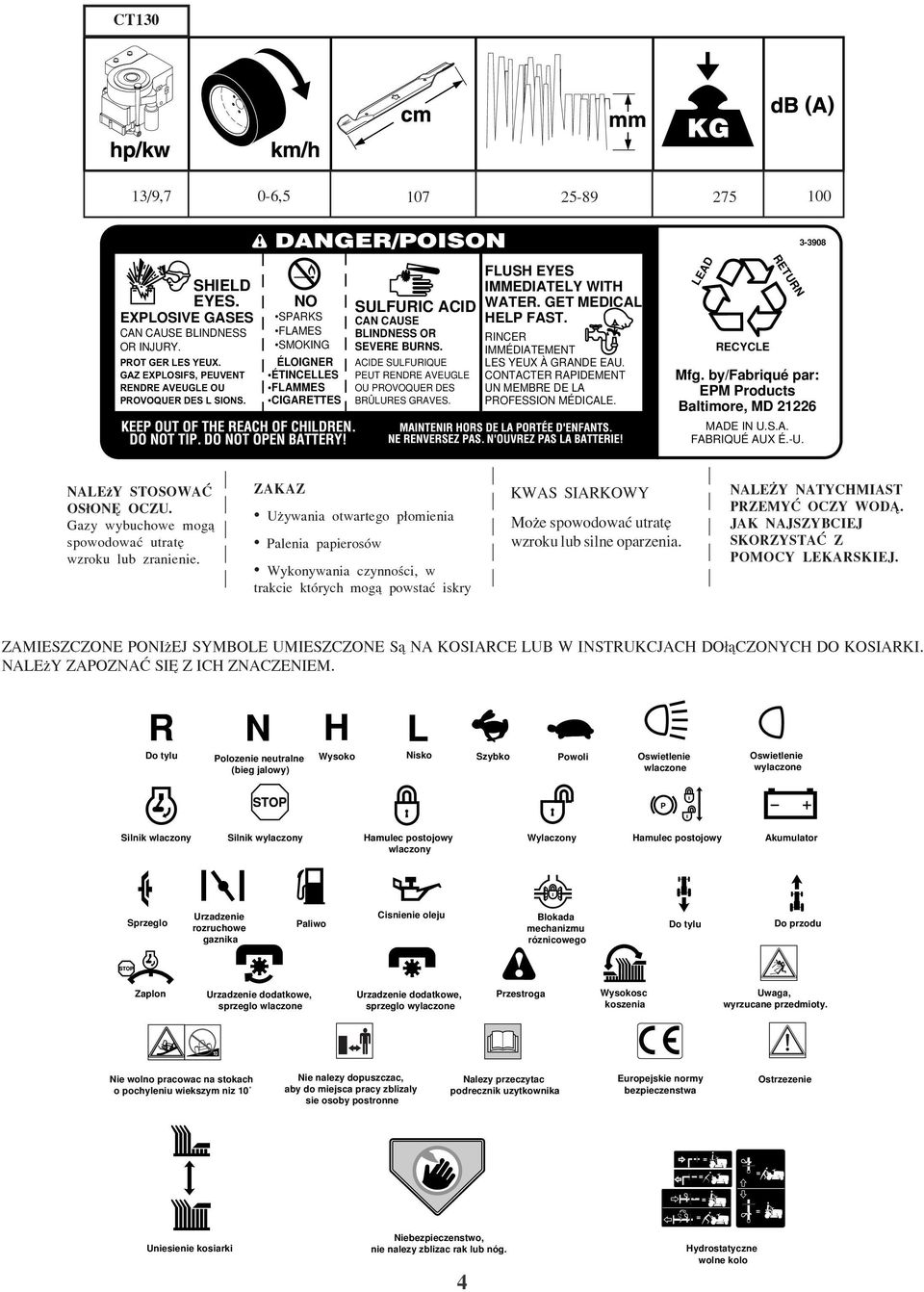 FLUSH EYES IMMEDIATELY WITH WATER. GET MEDICAL HELP FAST. RINCER IMMÉDIATEMENT LES YEUX À GRANDE EAU. CONTACTER RAPIDEMENT UN MEMBRE DE LA PROFESSION MÉDICALE. LEAD RECYCLE RETURN Mfg.