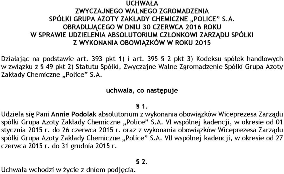 oty Zakłady Chemiczne Police S.A. Udziela się Pani Annie Podolak absolutorium z wykonania obowiązków Wiceprezesa Zarządu spółki Grupa Azoty Zakłady Chemiczne Police S.A. VI wspólnej kadencji, w okresie od 01 stycznia 2015 r.