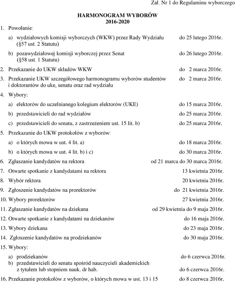 Przekazanie UKW szczegółowego harmonogramu wyborów studentów do 2 marca 2016r. i doktorantów do uke, senatu oraz rad wydziału 4.