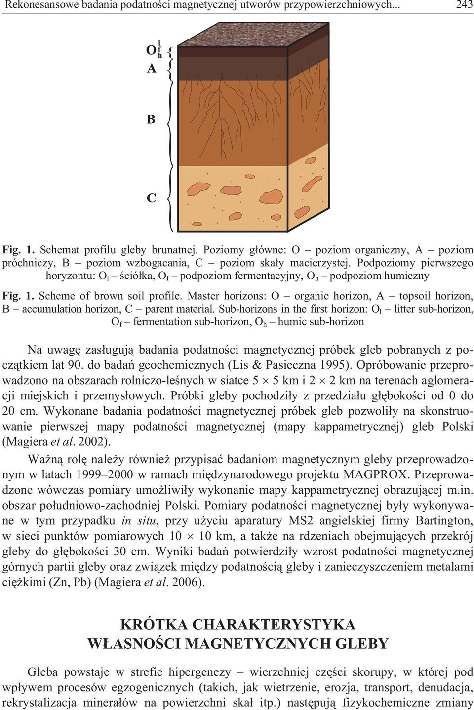 Podpoziomy pierwszego horyzontu: O l œció³ka, O f podpoziom fermentacyjny, O h podpoziom humiczny Fig. 1. Scheme of brown soil profile.