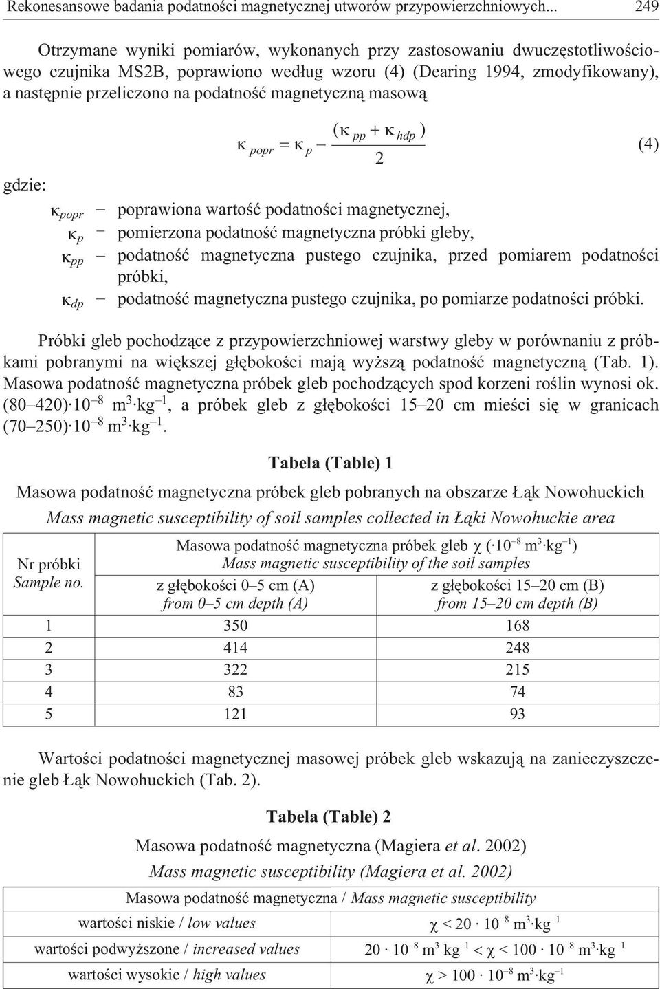 magnetyczn¹ masow¹ gdzie: popr popr p pp hdp ( ) 2 poprawiona wartoœæ podatnoœci magnetycznej, p pomierzona podatnoœæ magnetyczna próbki gleby, podatnoœæ magnetyczna pustego czujnika, przed pomiarem