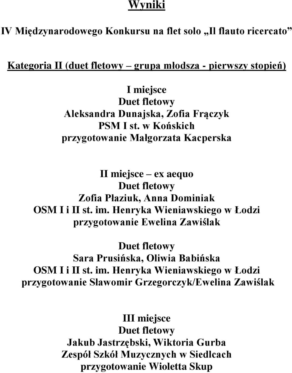 w Końskich przygotowanie Małgorzata Kacperska I ex aequo Zofia Płaziuk, Anna Dominiak Sara