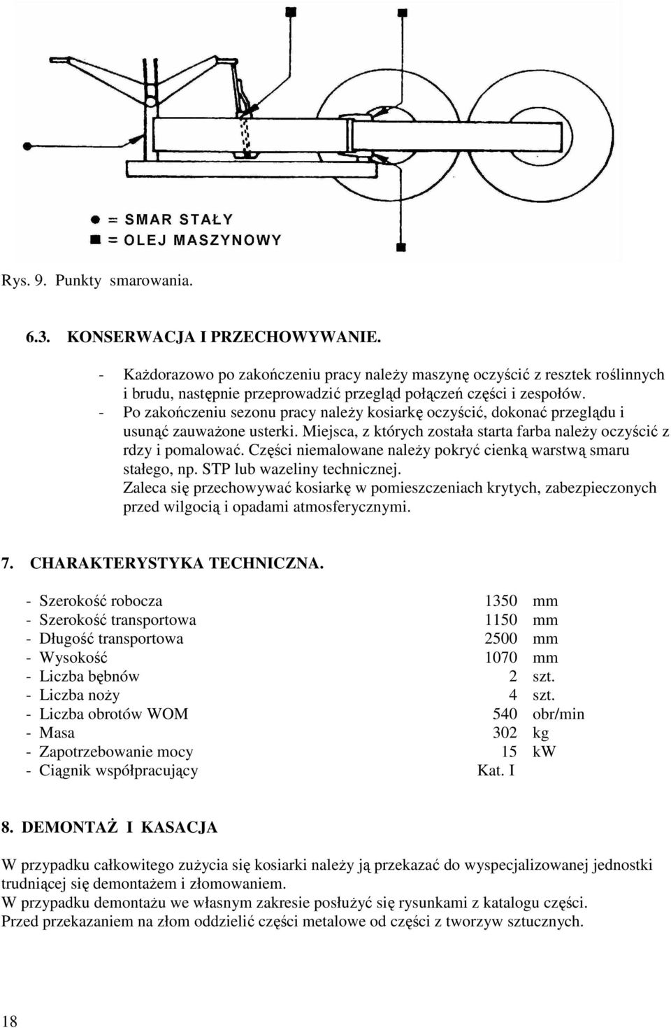 - Po zakończeniu sezonu pracy należy kosiarkę oczyścić, dokonać przeglądu i usunąć zauważone usterki. Miejsca, z których została starta farba należy oczyścić z rdzy i pomalować.
