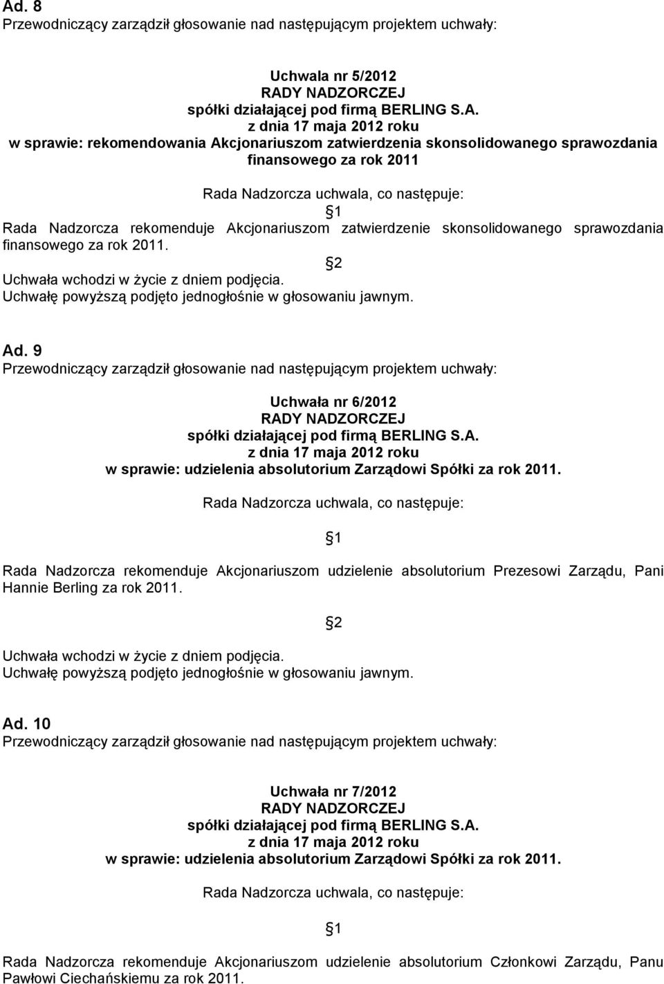 9 Uchwała nr 6/2012 w sprawie: udzielenia absolutorium Zarządowi Spółki za rok 2011.