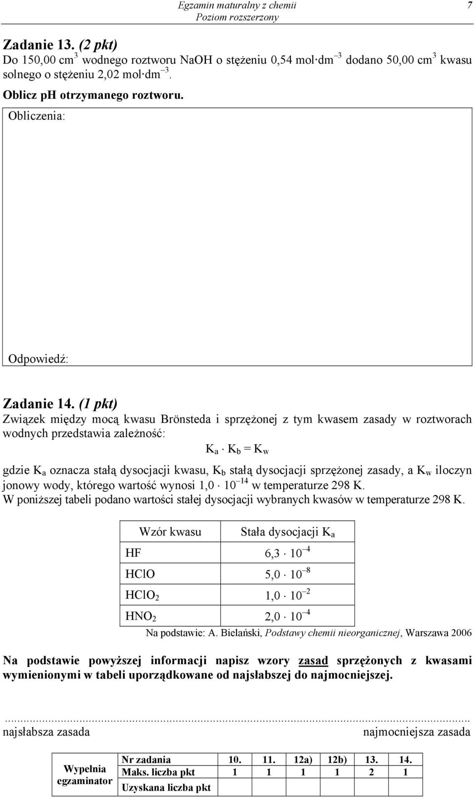(1 pkt) Związek między mocą kwasu Brönsteda i sprzężonej z tym kwasem zasady w roztworach wodnych przedstawia zależność: K a K b = K w gdzie K a oznacza stałą dysocjacji kwasu, K b stałą dysocjacji