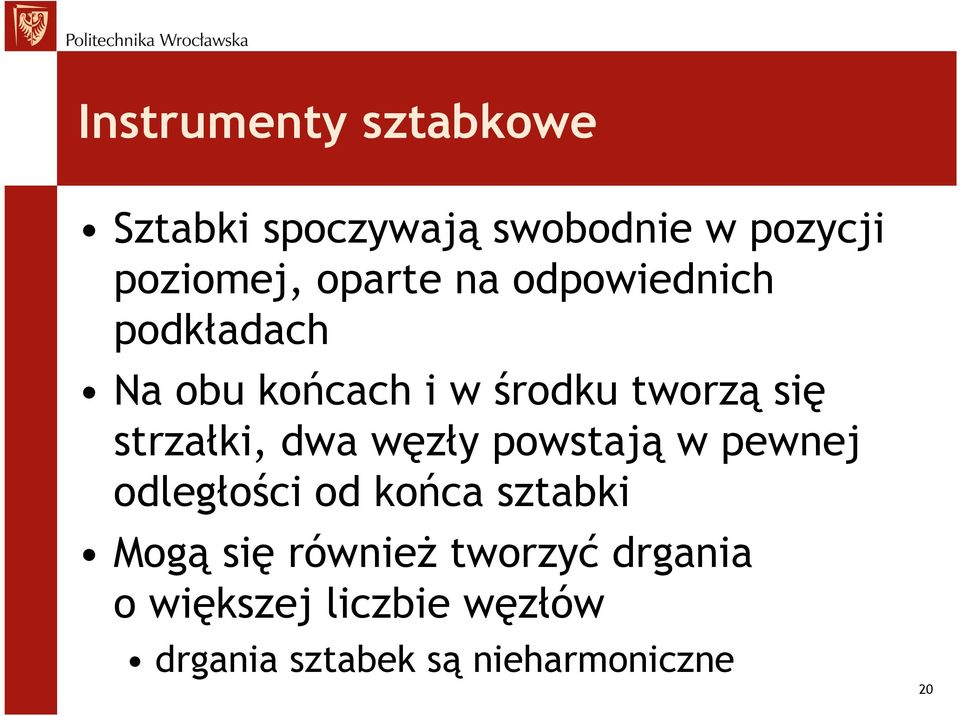 strzałki, dwa węzły powstają w pewnej odległości od końca sztabki Mogą się