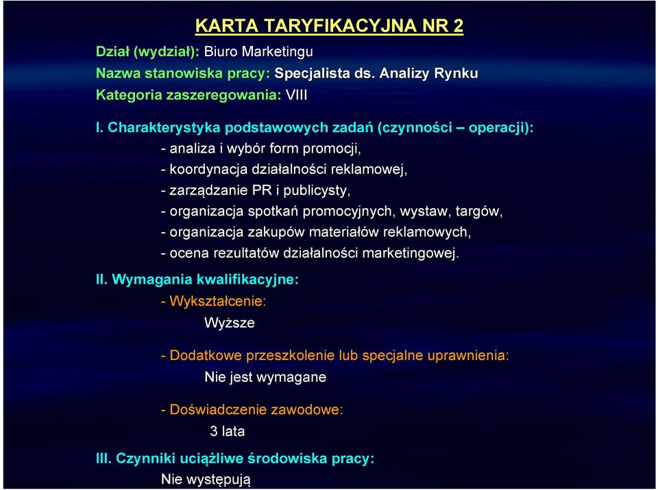 - organizacja spotkań promocyjnych, wystaw, targów, - organizacja zakupów w materiałów w reklamowych, - ocena rezultatów w działalno alności marketingowej. II.