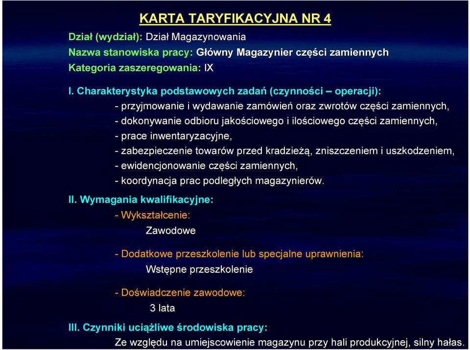 zamiennych, - prace inwentaryzacyjne, - zabezpieczenie towarów w przed kradzieżą żą,, zniszczeniem i uszkodzeniem, - ewidencjonowanie częś ęści zamiennych, - koordynacja prac podległych magazynierów.