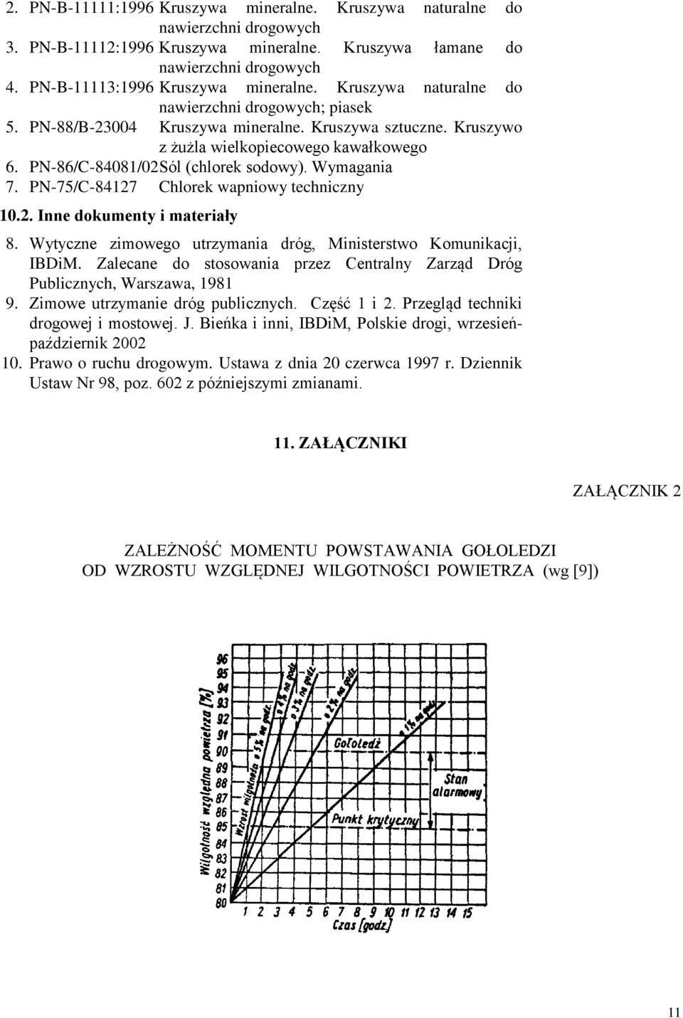 PN-86/C-84081/02 Sól (chlorek sodowy). Wymagania 7. PN-75/C-84127 Chlorek wapniowy techniczny 10.2. Inne dokumenty i materiały 8. Wytyczne zimowego utrzymania dróg, Ministerstwo Komunikacji, IBDiM.